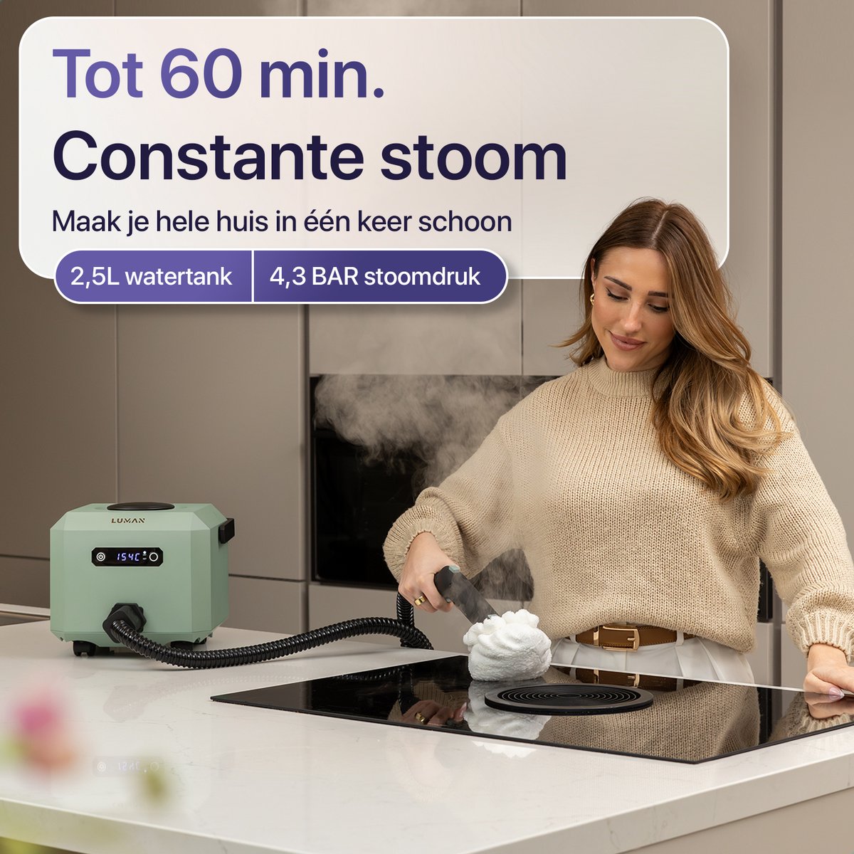 LUMAN Stoomreiniger MAX – 2600W - 60 min Stoomtijd - 2.5L Watertank – Handstoomreiniger & Tapijtreiniger - Groen thumbnail 3