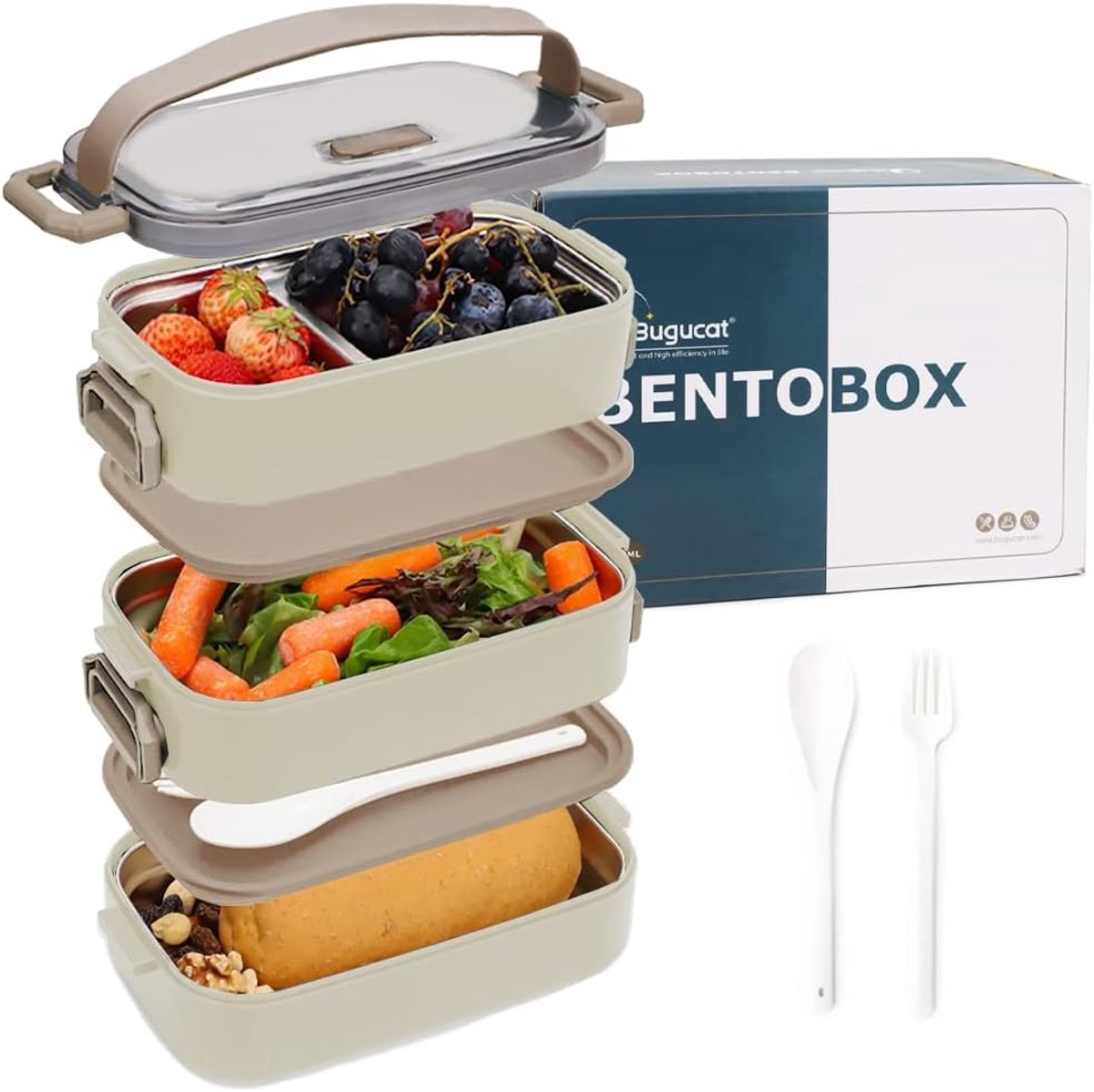Bento Box Lunchdoos 1700ML, 3 in 1 RVS Brooddoos met 4 Compartimenten, Duurzame Snackdoos met Lepel voor Volwassenen en Kinderen, Ideaal voor School, Werk en Picknick