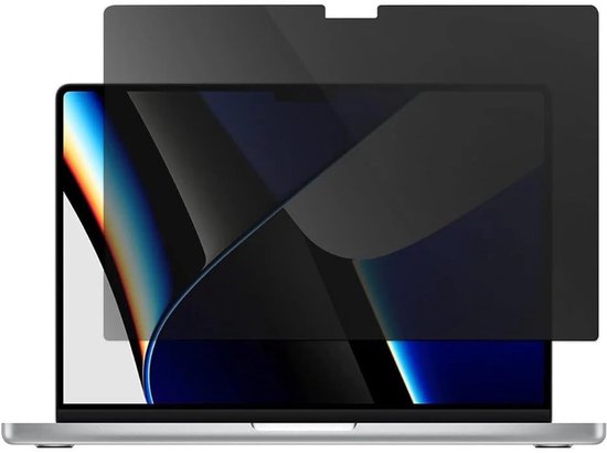 Een privacy filter over een laptop scherm met een abstracte wallpaper.