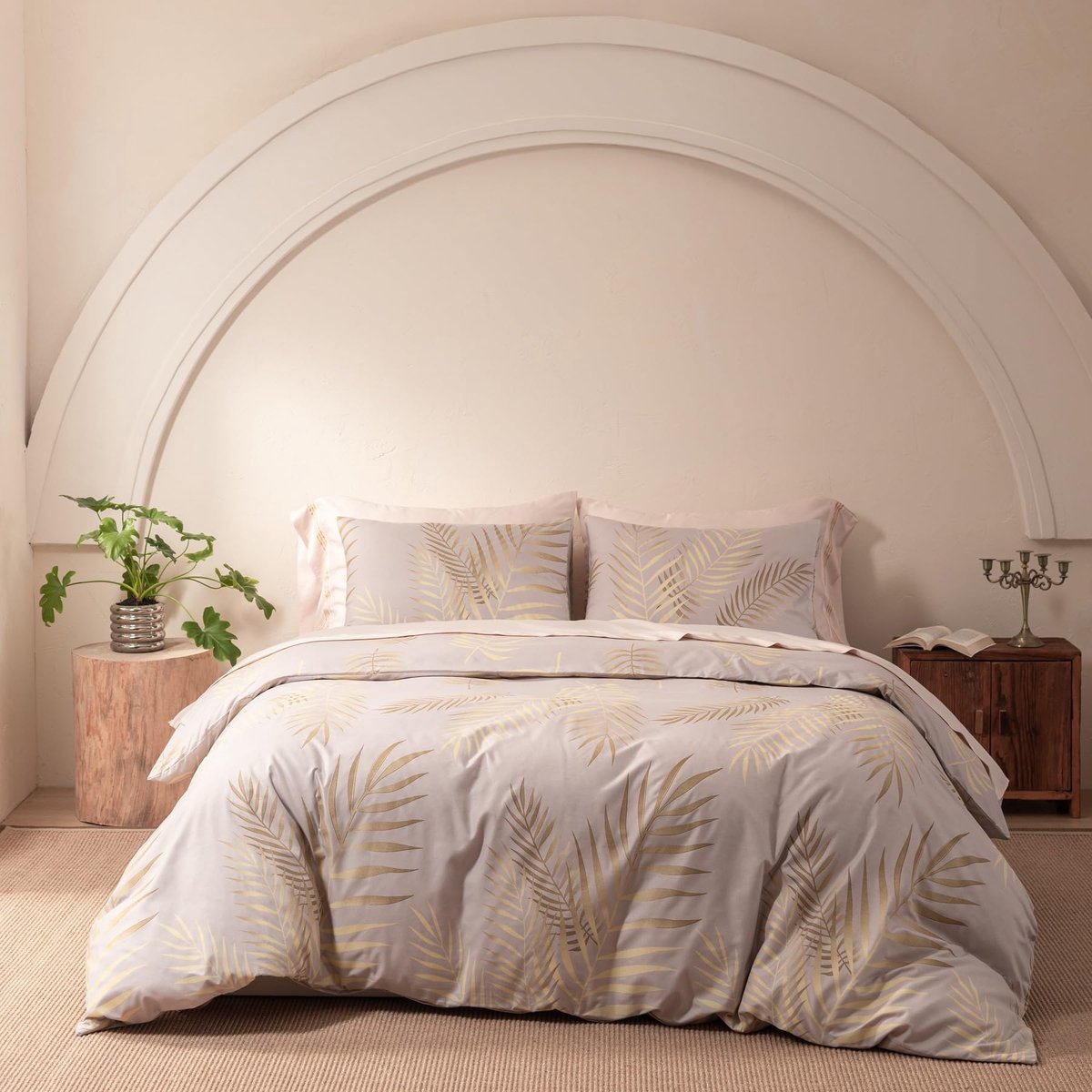 SnelShoppen - Beddengoed Set 200 x 200 cm Goud Beige Bladeren Motief Modern Zacht Microvezel 3-delig met Ritssluiting en 2 Kussenslopen 80 x 80 cm