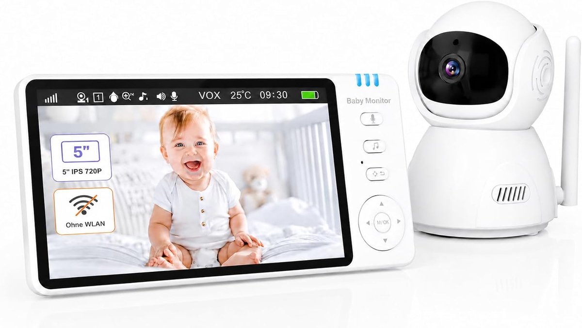 SnelShoppen - BURNNOVE Babyfoon met Camera 5 Inch Zonder WiFi, FHSS Verbinding, Nachtzicht, 2-weg Audio, Temperatuurweergave, Slaapmodus voor Thuisgeb