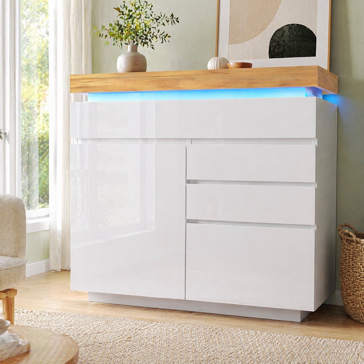 COVREO Dressoir 110 x 39 x 115 cm - hoogglans wit, LED verlichting, 3 lades