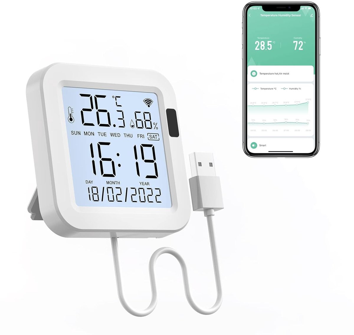 zurabini - WiFi Thermometer Hygrometer - Slimme Temperatuur En Vochtigheidsmeter - IoT Sensor - Automatische Schermverlichting - Stembediening Via Alexa - Duurzaam ABS Kunststof - Nauwkeurige Meting Tot ±1°C - Ideaal Voor Gezond Binnenklimaat