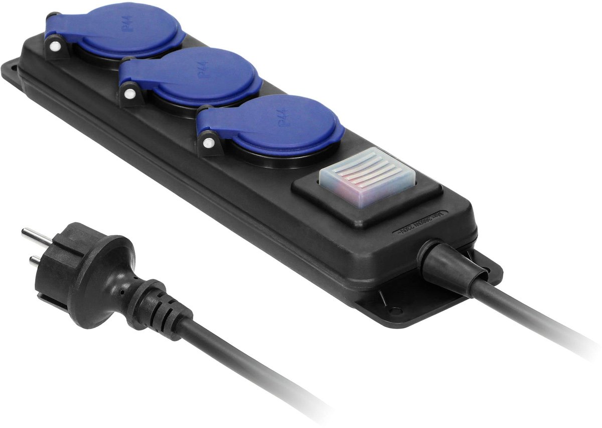 SnelShoppen - Waterdichte Verlengkabel met Schakelaar 5m, 3 Stopcontacten 2P+Z IP44, Rubberen Kabel H05RR-F 3x1,5mm² Frans Type voor Tuin, Camping, Fe