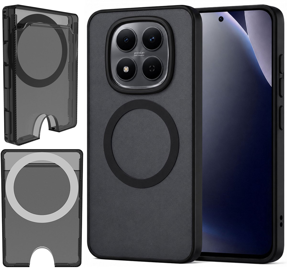 Hoesje + Pasjeshouder geschikt voor Xiaomi Redmi Note 15 Pro+ 5G - Portemonnee geschikt voor MagSafe - Magnetisch - Pasjes Houder - Creditcardhouder - Gerookt Zwart