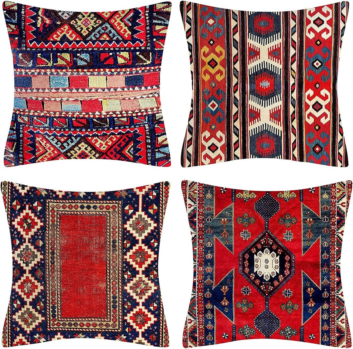 SnelShoppen - Set van 4 Decoratieve Kussenslopen 40 x 40 cm, Rood, Abstract Oosters Perzisch Patroon, Sierkussens voor Bohemian Bankdecoratie van Linn