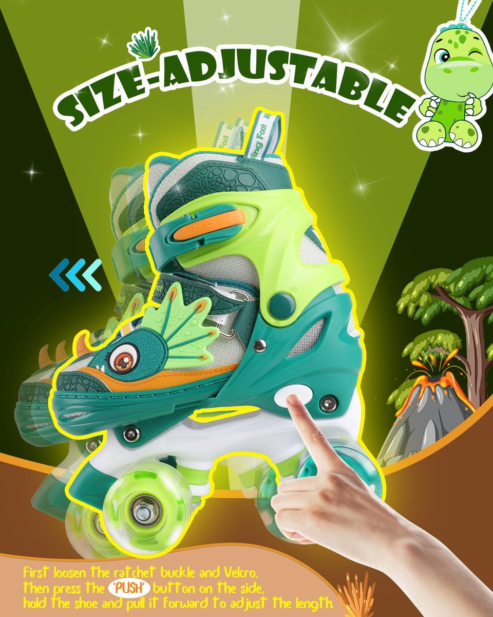 SnelShoppen - Dinosaurus Rolschaatsen voor Kinderen - Verstelbare Quad Rolschaatsen met Lichtgevende Wielen voor Jongens en Meisjes - XS Maat (26~29)