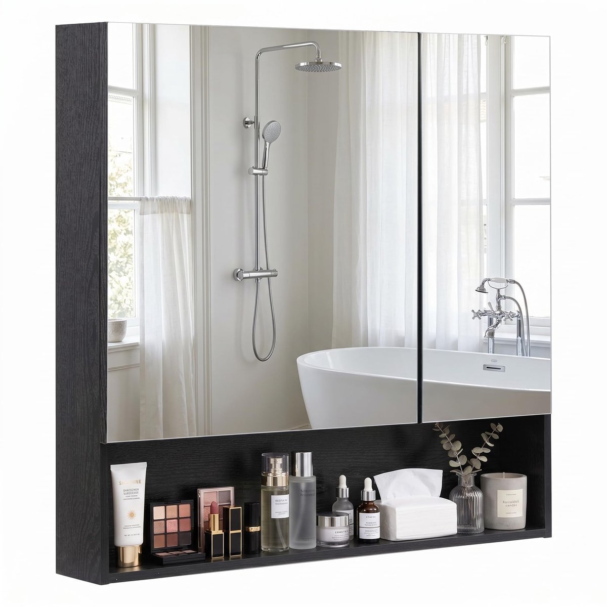SnelShoppen - Badkamerspiegelkastje met Sieradenorganizer, Wandgemonteerd Toiletkastje met 2 Spiegeldeuren, Verstelbare Plank, Zwart, 62B x 14D x 65H