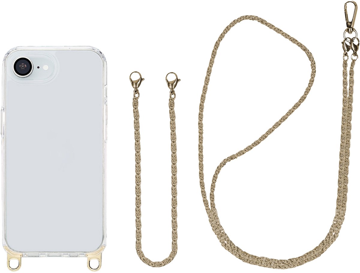 Selencia Transparant Hoesje met Haakjes inclusief Telefoonketting - Geschikt voor Apple iPhone 17e / 16e - Goud