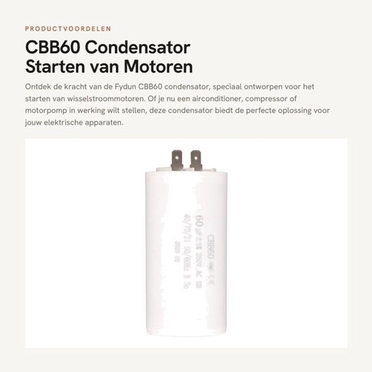 CBB60 Condensator - Starten van Motoren - Hittebestendig en Licht - 60 uF - Voor Airconditioners en Pompen - Geschikt voor AC 250 V