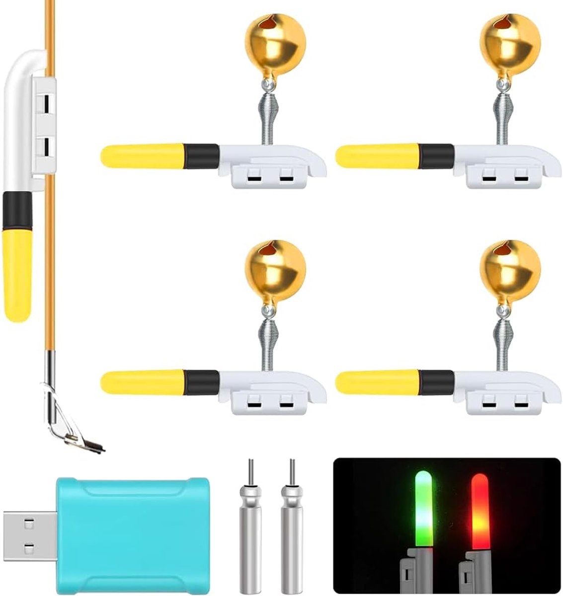 SnelShoppen - 4x LED Beetindicatoren voor Nachtvissen met Bel, Oplaadbare Vistracker, Hoge Zichtbaarheid, Groene en Rode Lichtmodus, Perfect voor Avon