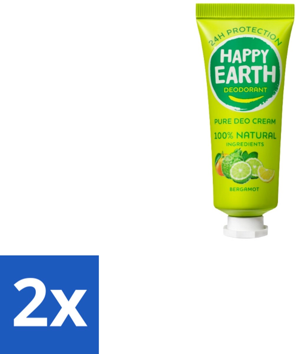 2 x Happy Earth – Deodorant Cream – 100% Natuurlijk Bergamot – 40 ml - Natuurlijke Deodorant - Bergamot Deodorant - Aluminiumvrije Deodorant - Vegan Deodorant - Huidvriendelijke Deodorant