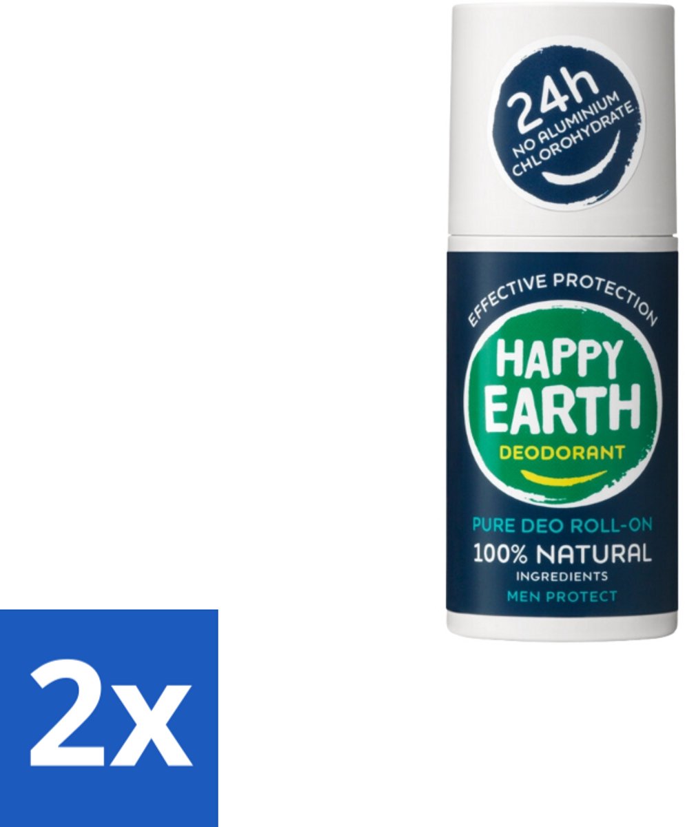 2 x Happy Earth – Deodorant Roll-On – 100% Natuurlijk Men Protect – 75 ml - Natuurlijke Deodorant Voor Mannen - Frisse Geur - Deodorant Zonder Aluminium - Huidvriendelijk - Vegan Deodorant