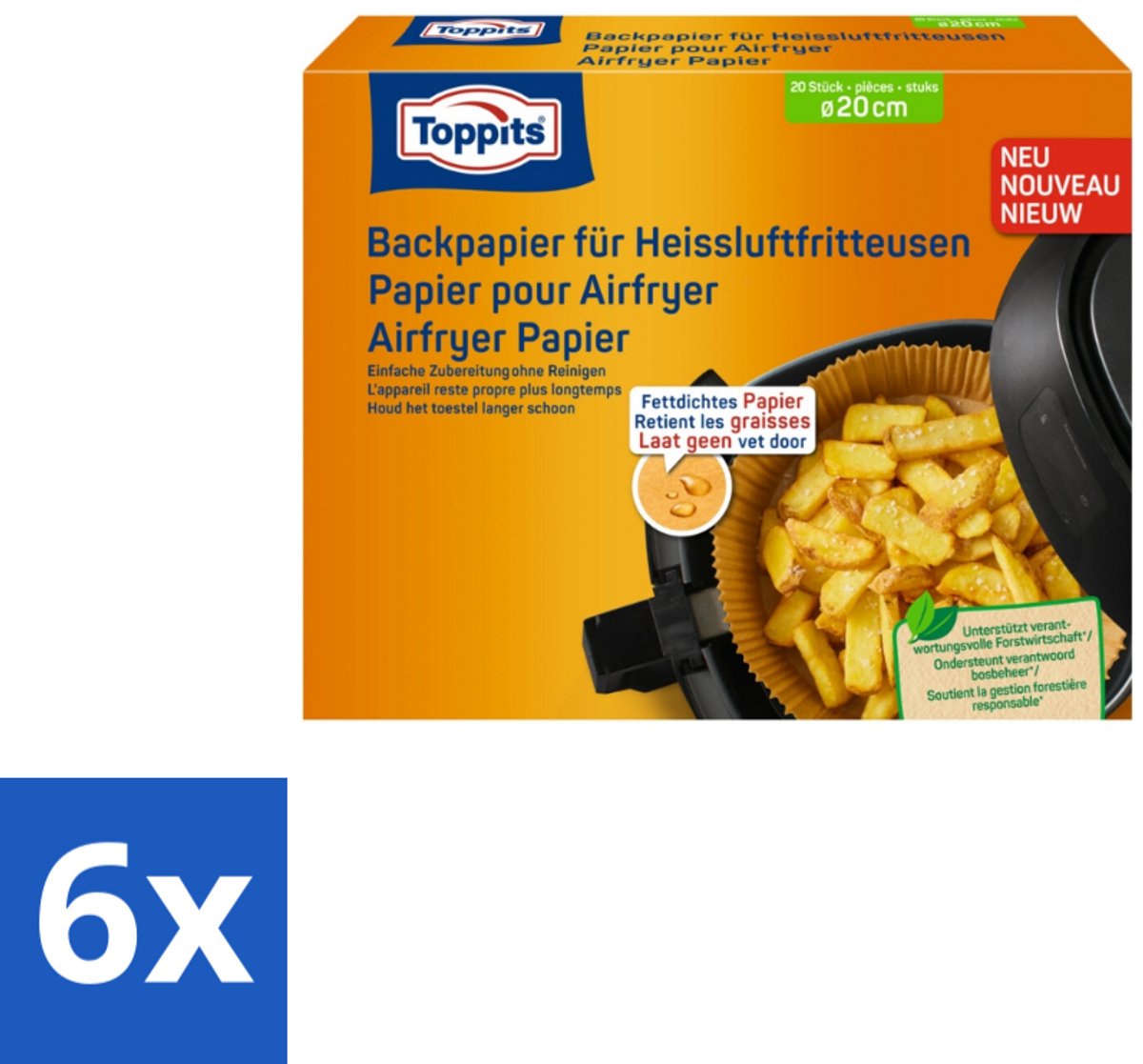 6 x Toppits – Airfryer Papier – 20 cm – 20 Zakjes - Airfryer Bakpapier - Bakpapier Airfryer - Gezond Bakpapier - Vetabsorberend Bakpapier - Koken Met Airfryer