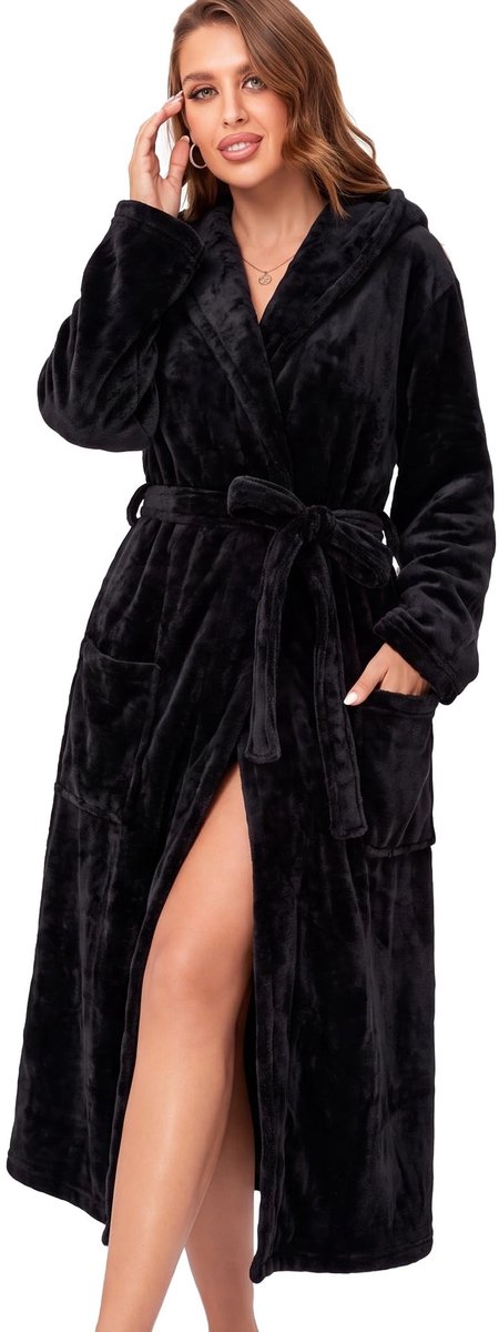 Elzusha - Fleece Badjas met Sjaalkraag - Zwart