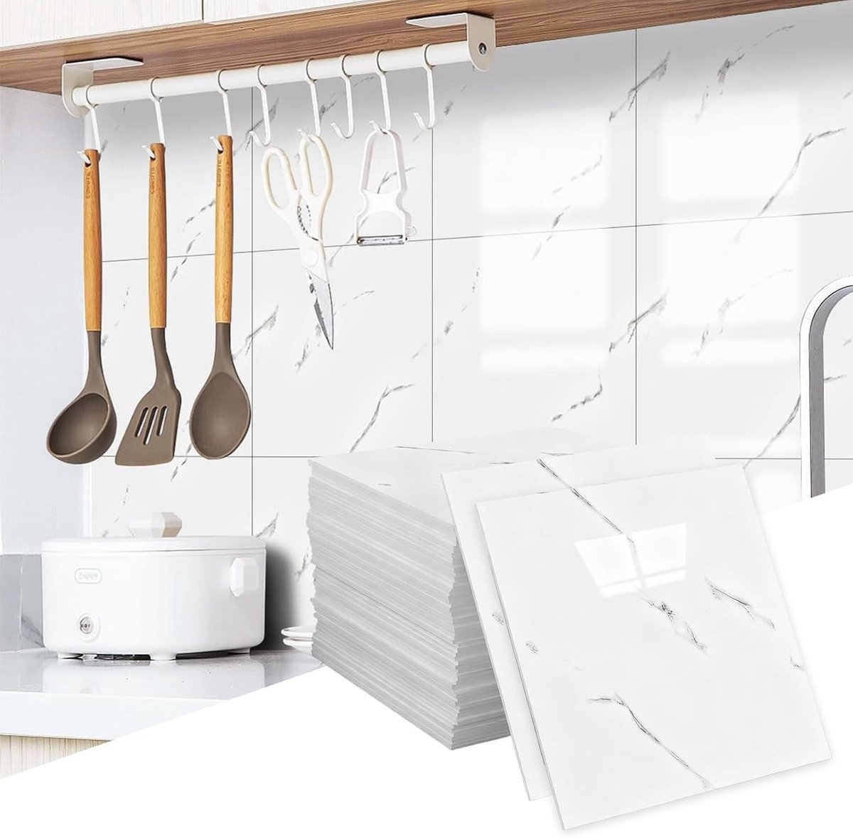 Zelfklevende Wandtegels voor Keuken en Badkamer, Keramische Subway Tegels, 30 x 30 cm, Verpakking van 24 Stuks, Ideaal voor Muurdecoratie en Renovatie