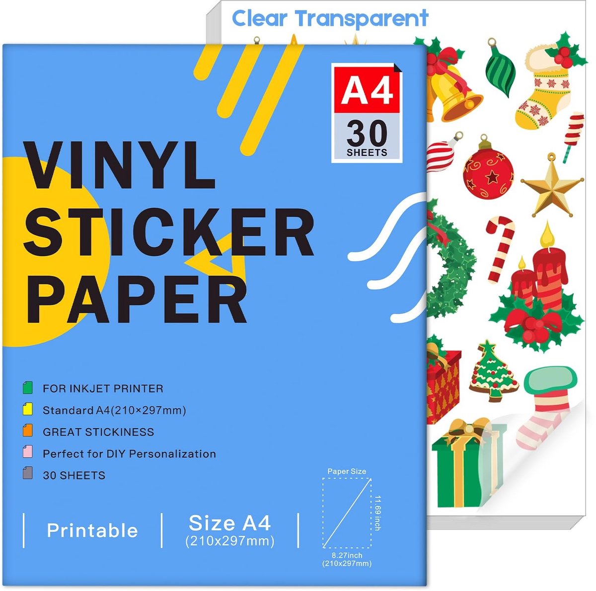 Elzusha- Vinylstickerpapier A4 - Helder/waterdicht - Zelfklevend - 30 Vellen - Compatibel met inkjet/laserprinters - Levendige kleuren - Stickerpapier