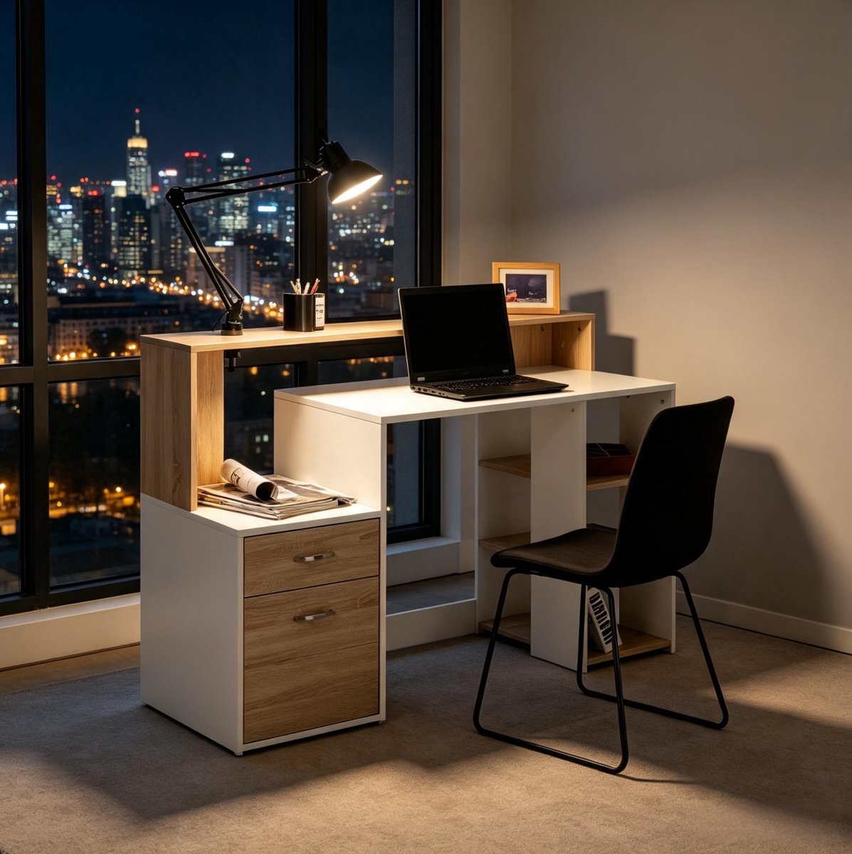 OKWISH Bureau - Computer Desk Met 2 Lades En Open Vakken - Compact Voor Thuiswerk En Studie - Eiken Wit - 137 Cm