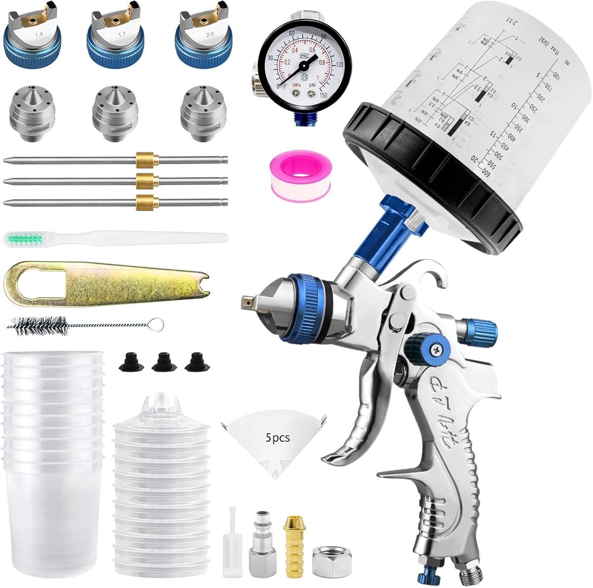 Professionele HVLP Spuitpistool met 10 Wegwerpbekers, 650 ml, 3 Nozzles en Accessoires voor Meubel- en Auto Reparatie