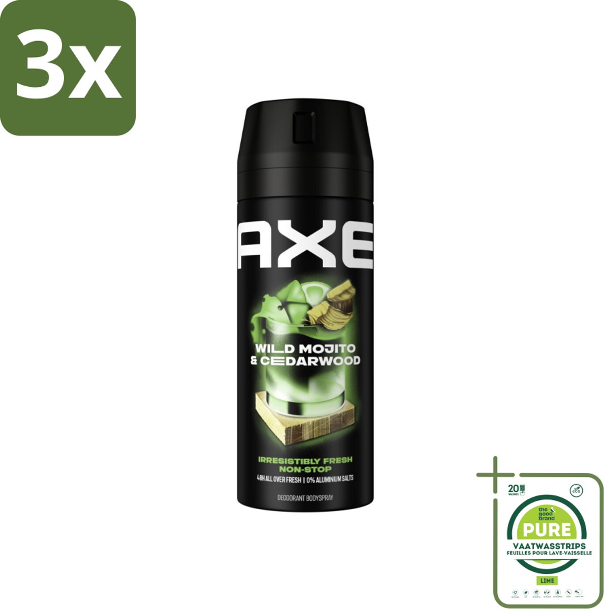 3 x Axe - Deodorant Bodyspray - 48hrs Fresh - Green Mojito & Cedarwood - 150 ml - Grootverpakking - Deodorant - Deodorant Spray - Axe - Green Mojito - Cedarwood