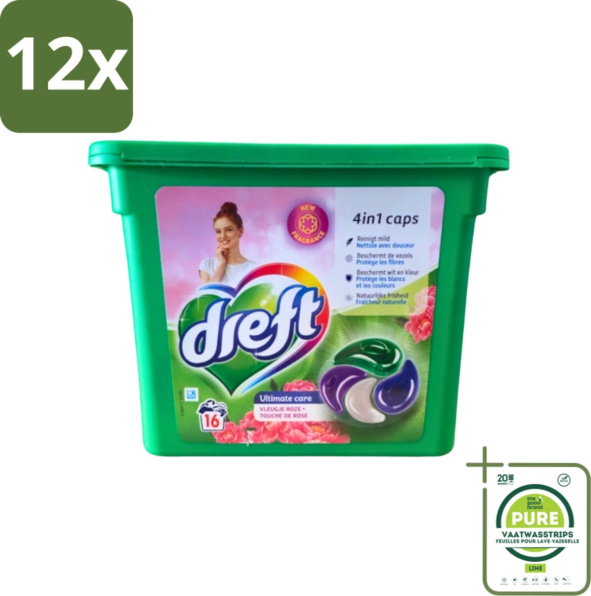 Dreft - Wasmiddelcapsules 4in1 - Witte en Gekleurde Was - Vleugje Roze - 16 Wasbeurten - Voordeelverpakking - 12 stuks - Wasmiddelcapsules - Wasmiddel
