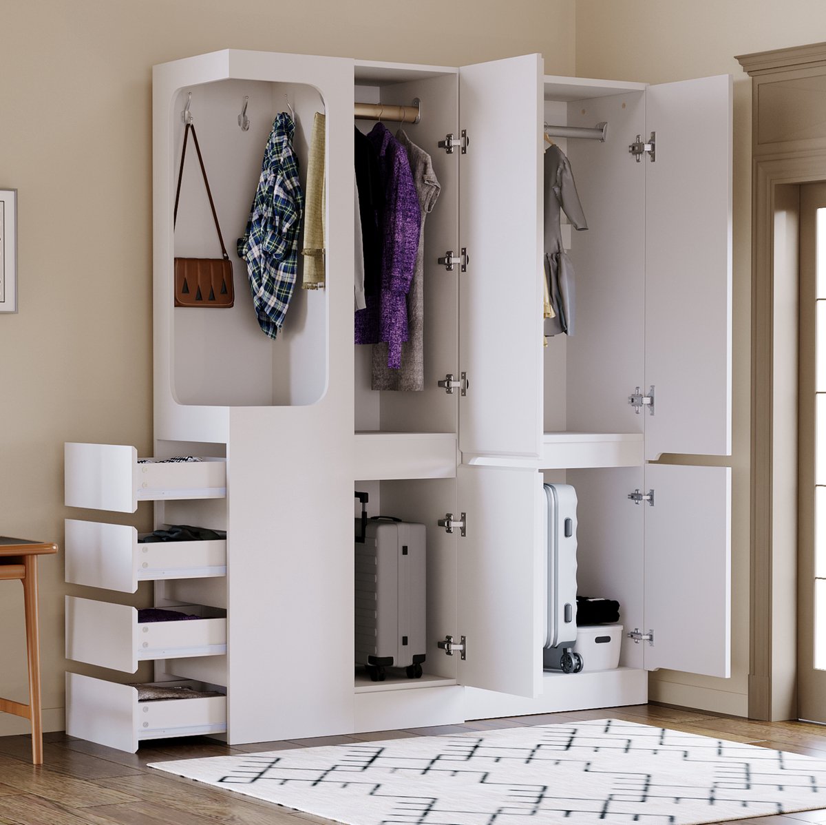 Wishdor Kledingkast - Met lades en opbergvakken - Open hanggedeelte en opbergzones - Voor slaapkamer en garderobe - Hout, MDF en multiplex - Wit - 140 x 40 x 170 cm