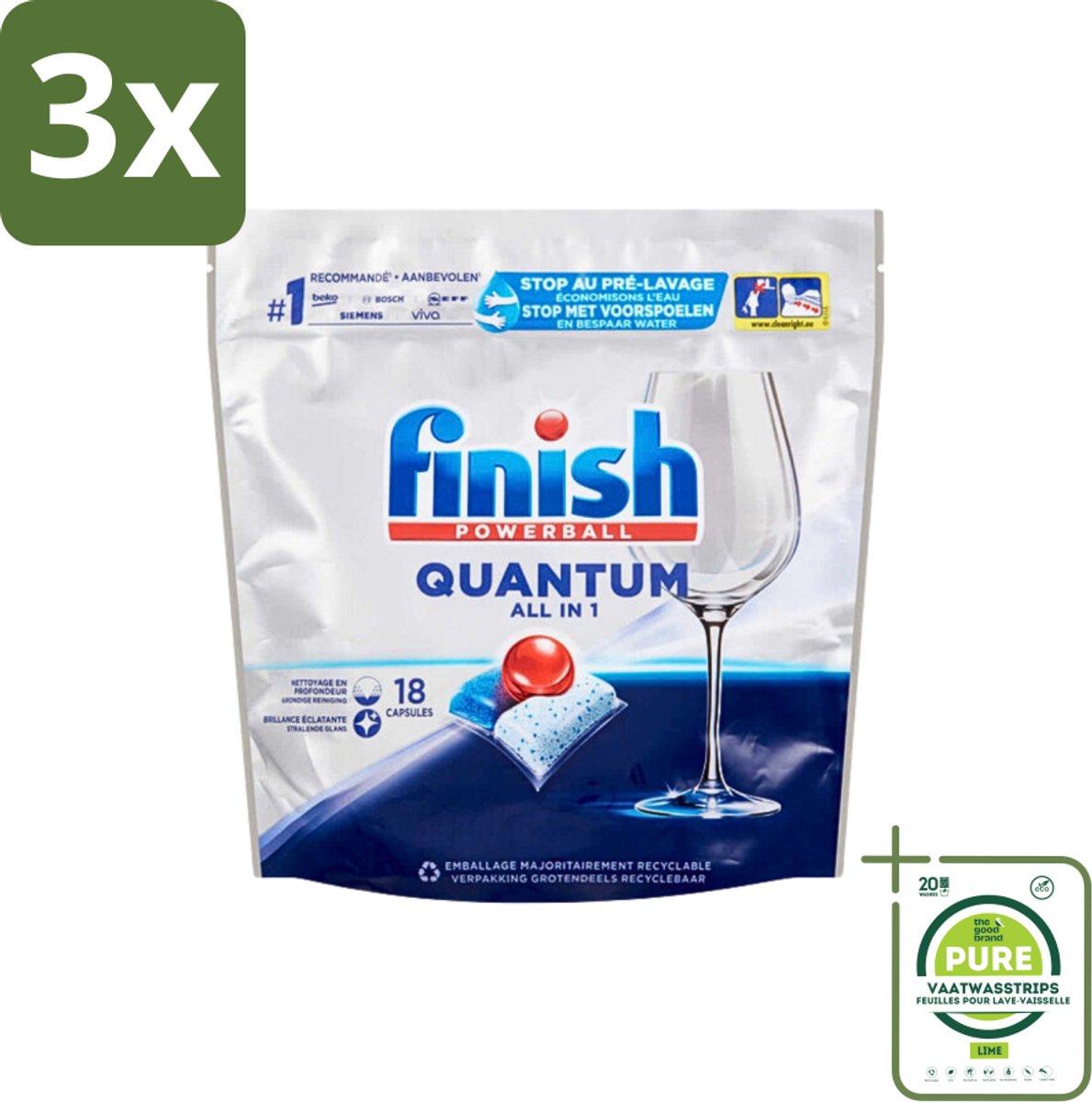 3 x Finish Powerball - Quantum All in 1 - Vaatwastabletten - Stralende Glans - 18 Tabletten - Grootverpakking - Vaatwastabletten - Vaatwasser - Diepe Reiniging - Glans - All In One