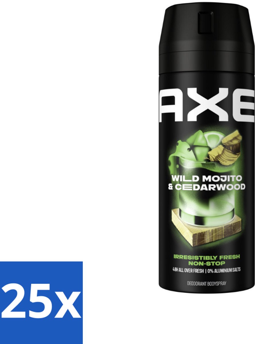 25 x Axe - Deodorant Bodyspray - 48hrs Fresh - Green Mojito & Cedarwood - 150 ml - 48 Uur Frisheid - Deodorant Spray - Geur Bestrijding - Frisse Geur - Cederhout