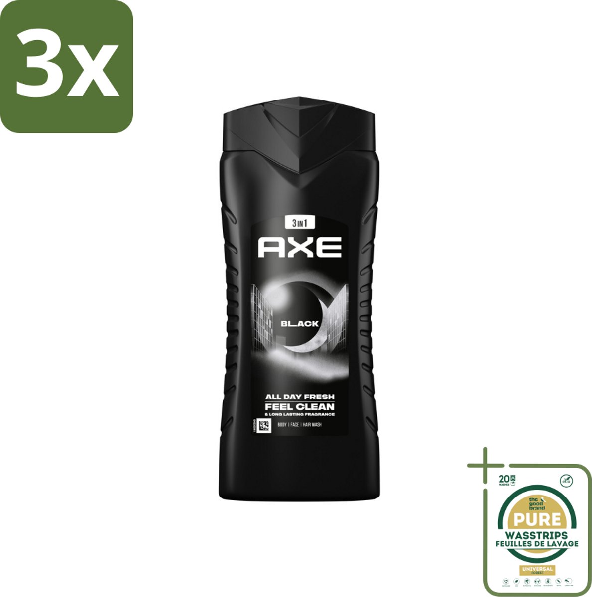 3 x Axe 3-in-1 Douchegel XL Black 400 ml - Grootverpakking - Douchegel - Lichaam - Gezicht - Haar - Frisheid