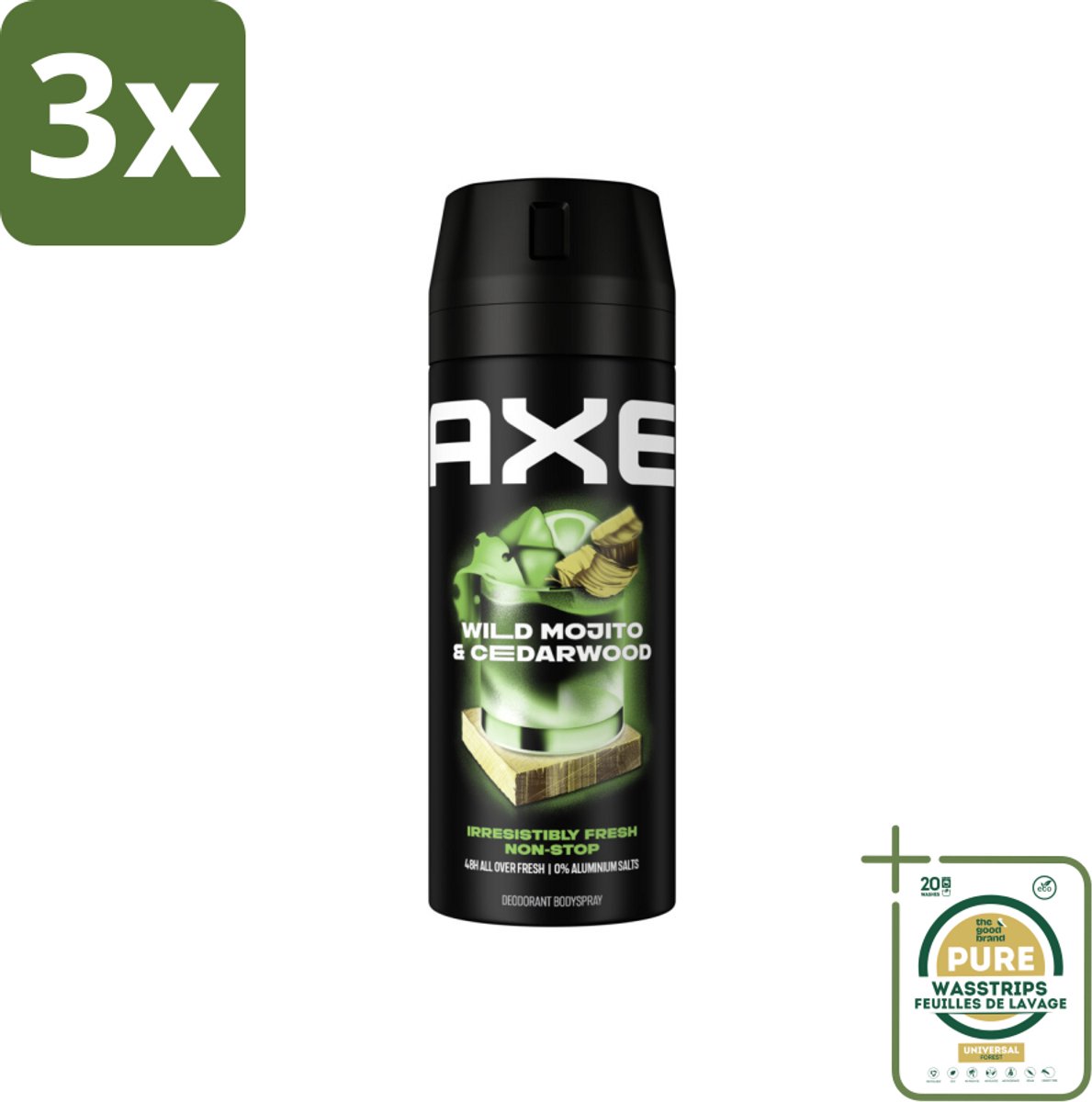 3 x Axe - Deodorant Bodyspray - 48hrs Fresh - Green Mojito & Cedarwood - 150 ml - Grootverpakking - 48 Uur Frisheid - Deodorant Spray - Geur Bestrijding - Frisse Geur - Cederhout