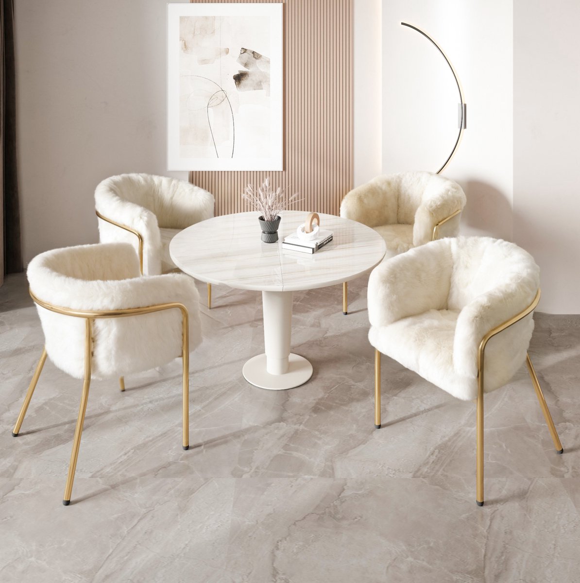 MIVRAY Eetkamerstoel 77 x 57 cm - Met Armleuningen En Zachte Bekleding - Voor Eetkamer, Woonkamer En Slaapkamer - Metaal En Kunstmatige Bontlook - Wit