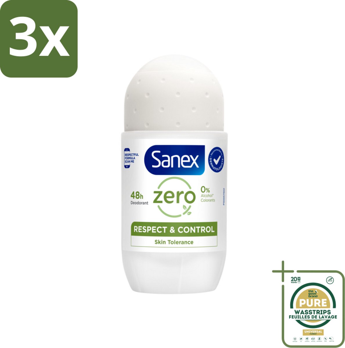 3 x Sanex Deodorant Roller Zero% Normal Skin 50 ml - Grootverpakking - 24 Uur Deodorant - Aluminiumzouten Vrij - Alcohol Vrij - Huidvriendelijk - Gevoelige Huid