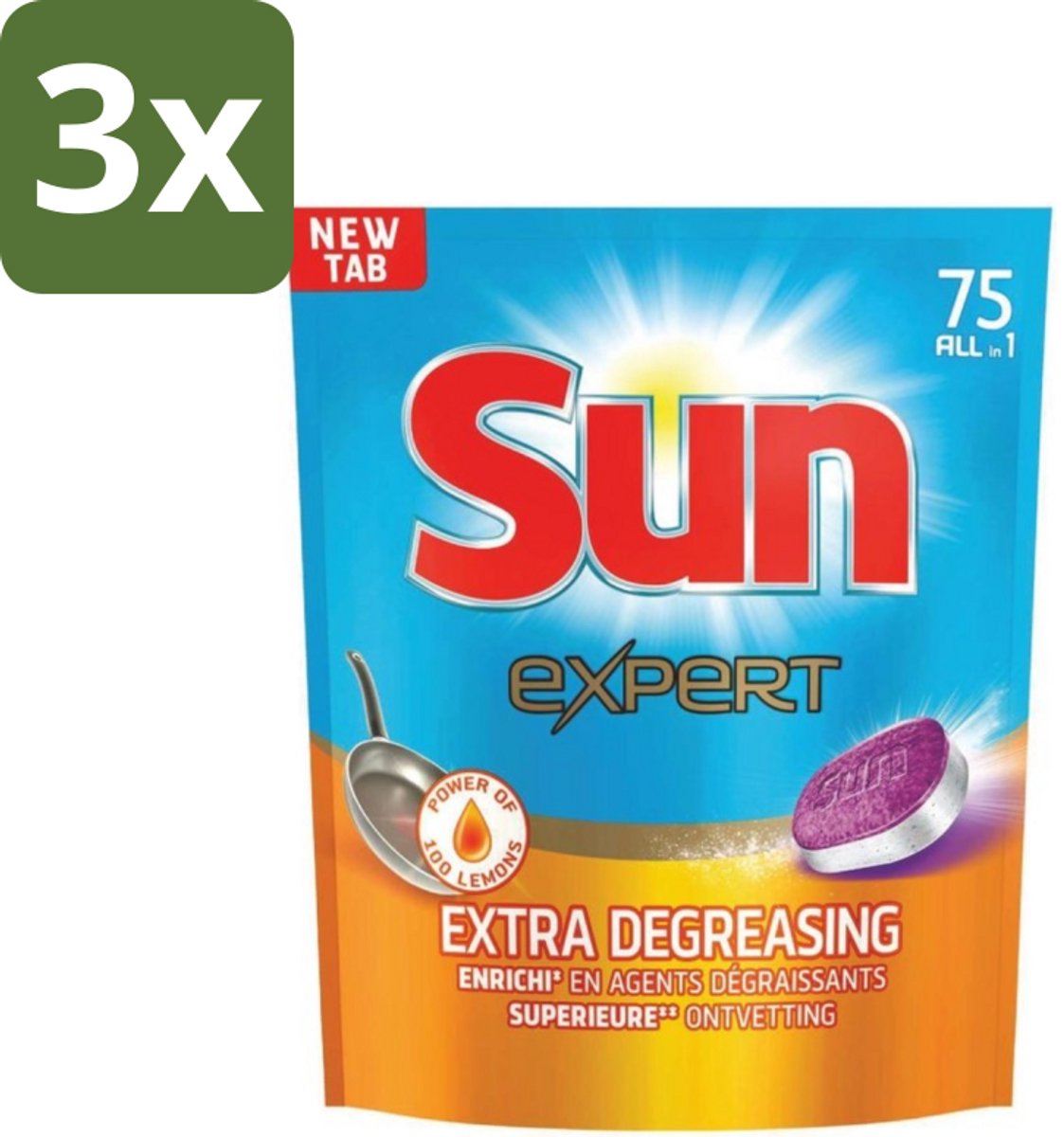 3 x Sun Expert - All-in-1 - Vaatwastabletten - Extra Ontvettend - 75 Tabletten - Vaatwastabletten - Vaatwasmiddel - Ontvetting - Vaatwasser - Vaat Reinigen