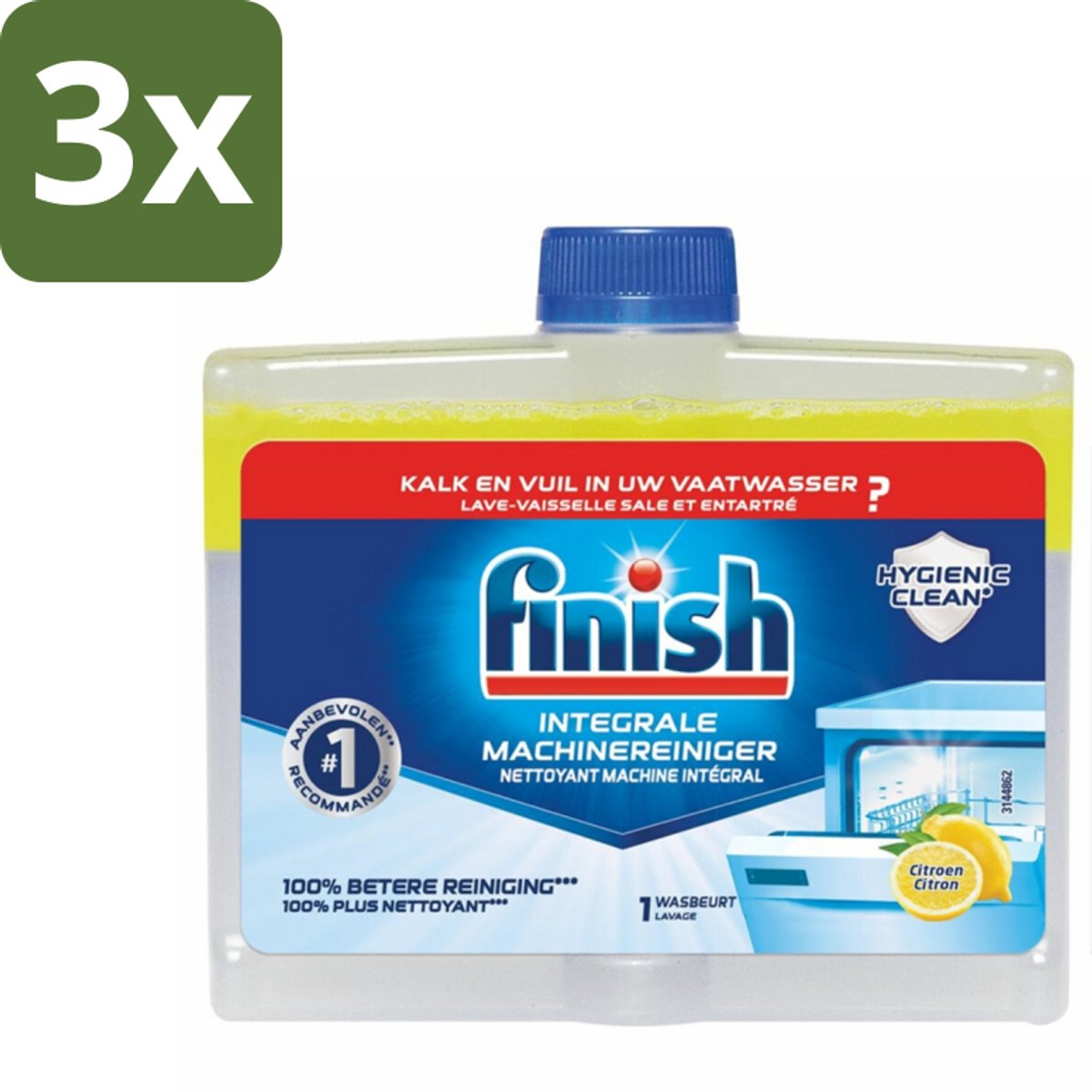 3 x Finish - Integrale Machinereiniger - Hygienic Clean - Anti-Kalk & Anti-Vuil - Citroen - 250ml - Vaatwasmachinereiniger - Vaatwasmachine Reinigen - Kalkverwijderen - Vetverwijderen - Vaatwasser Reinigen