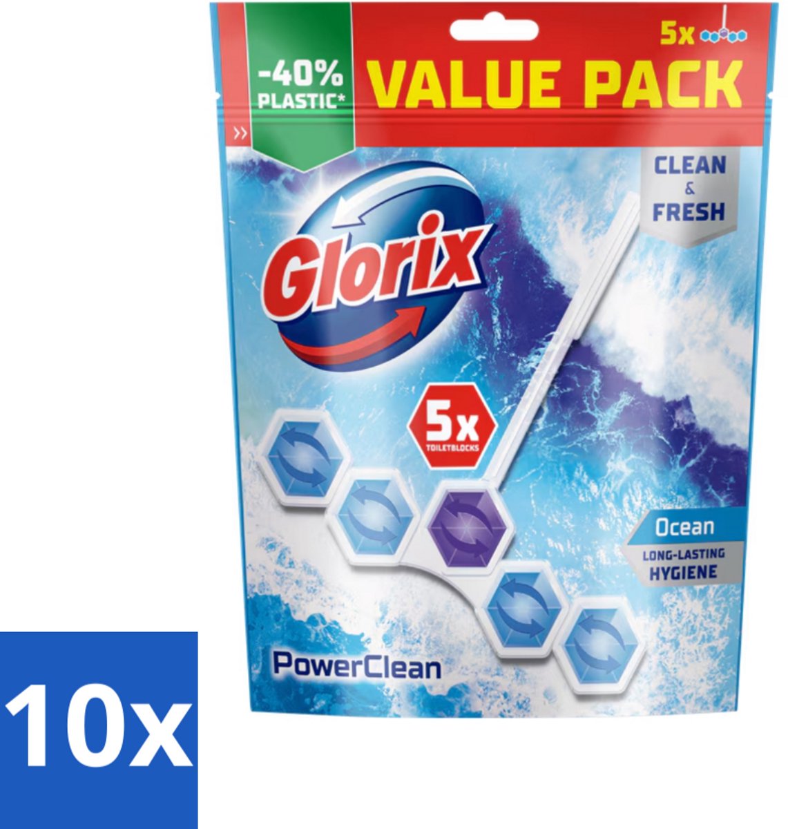 10 x Glorix - Power Clean - Toiletblok - Ocean - Hersluitbare Verpakking - 5 Blokken - Toiletblok - Hygiëne - Reinigen - Kalk - Schuim