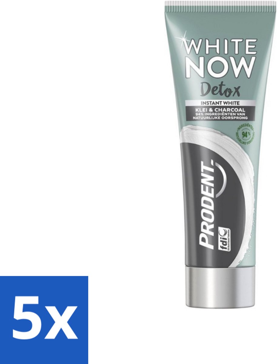 5 x Prodent - White Now - Tandpasta - Natuurlijke Ingrediënten - Klei En Houtskool - 75 ml - Tandpasta - Witte Tanden - Klei Tandpasta - Houtskool Tandpasta - Detox Tandpasta