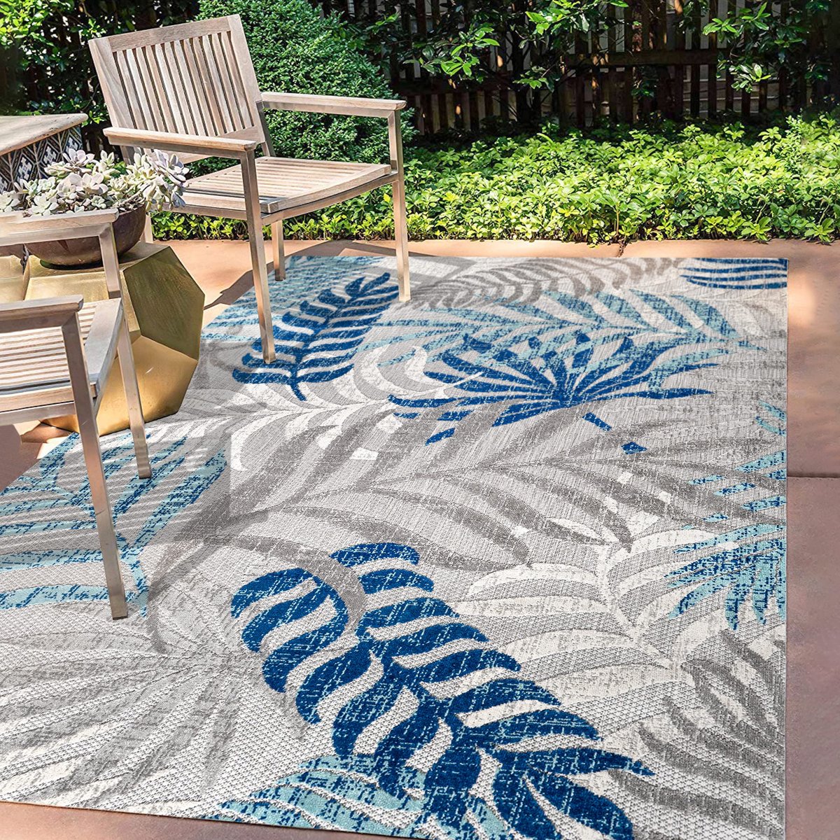 JONATHAN Y Amc100A-9 Tropics palmbladeren binnen/buiten grijs/blauw 270 cm x 370 cm, vloertapijt, outdoor, gemakkelijk - ShopVlot