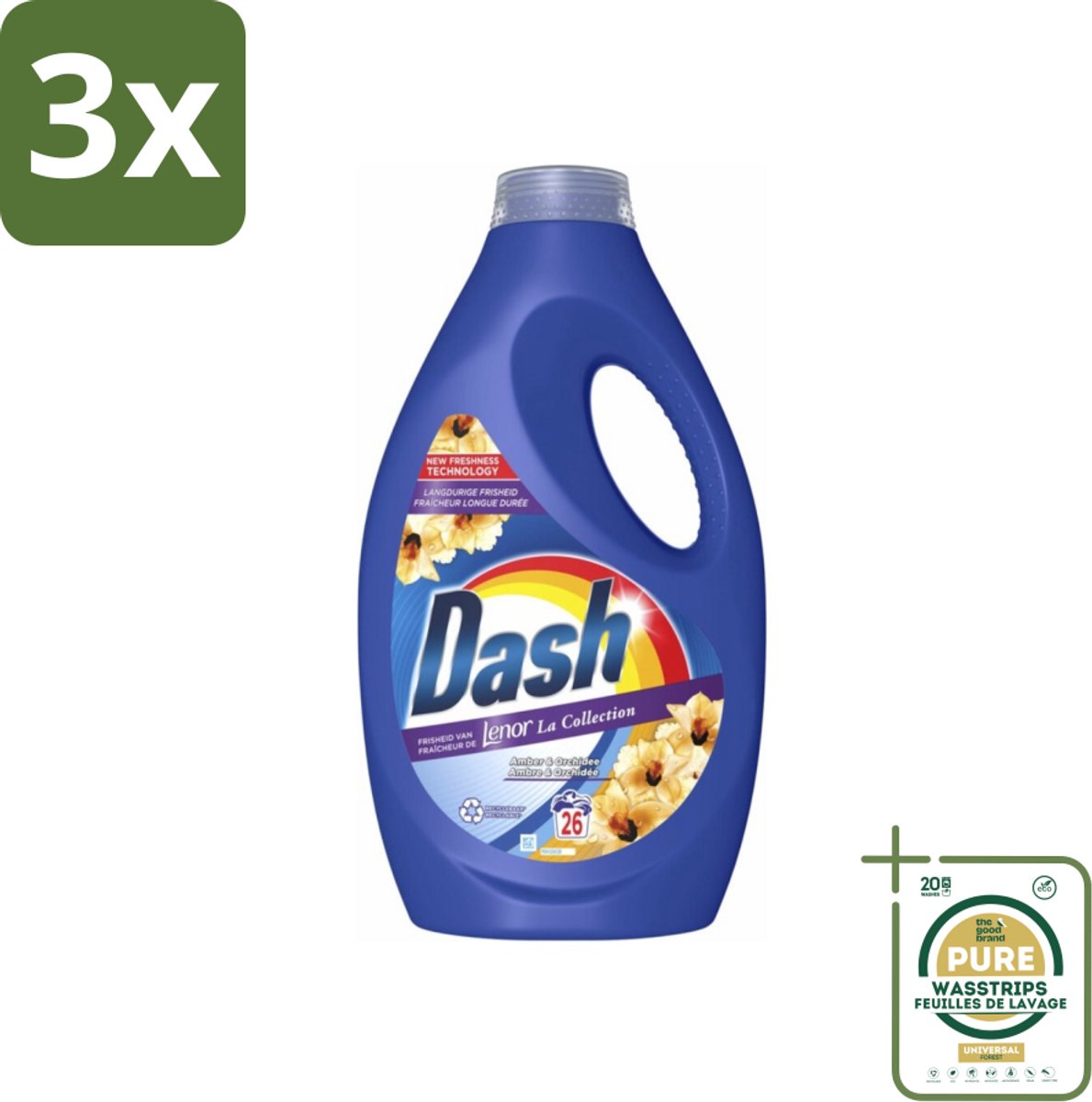 3 x Dash - Lenor Collectie - Vloeibaar Wasmiddel - Witte en Gekleurde Was - Amber & Orchidee - 26 Wasbeurten - Grootverpakking - Vloeibaar Wasmiddel - Frisheid - Wasmiddel Amber Orchidee - Wasmiddel Lenor - Wasmiddel Voor Witte En Gekleurde Kleding