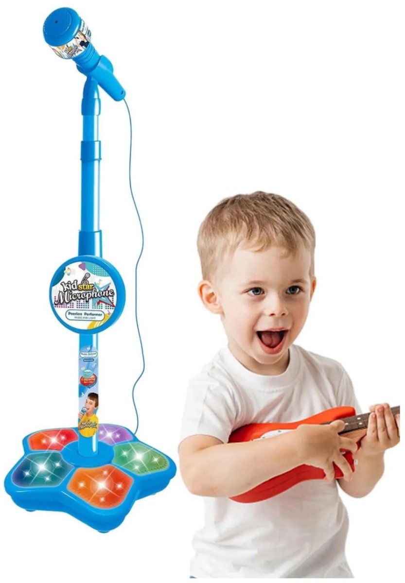 casalora - Speelgoedmicrofoon - Blauw - Microfoon op statief - Karaoke-machine voor kinderen - In hoogte verstelbaar - Met verlichting - Speelgoed Feest Microfoon - Cadeau - Geschikt Voor Jongens en Meisjes