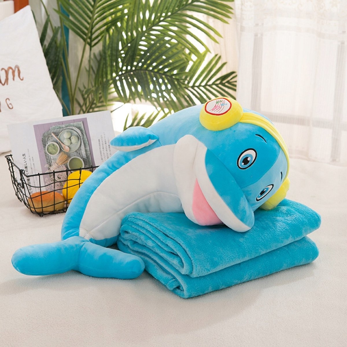 Pluche Deken Knuffel - Blauwe Haai/Dolfijn met Koptelefoon 3-in-1