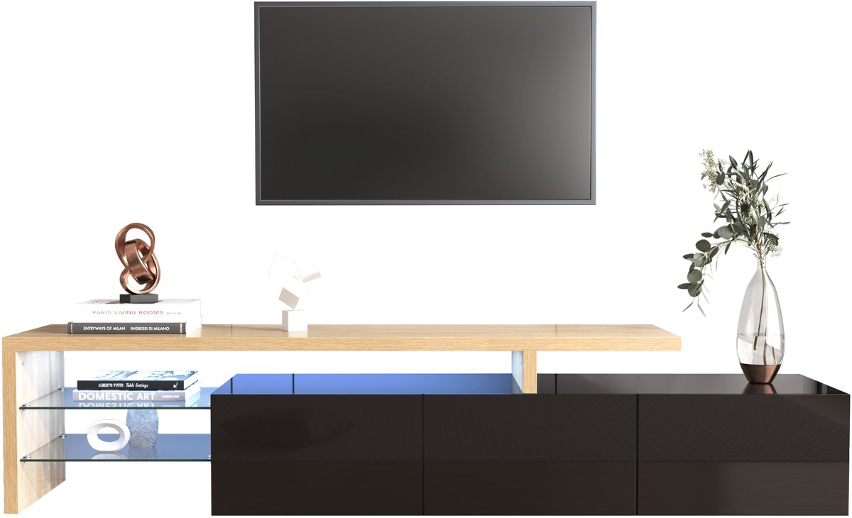 TV Meubel - 198 cm Met Led Verlichting En Glasplaat - Hout en Zwart