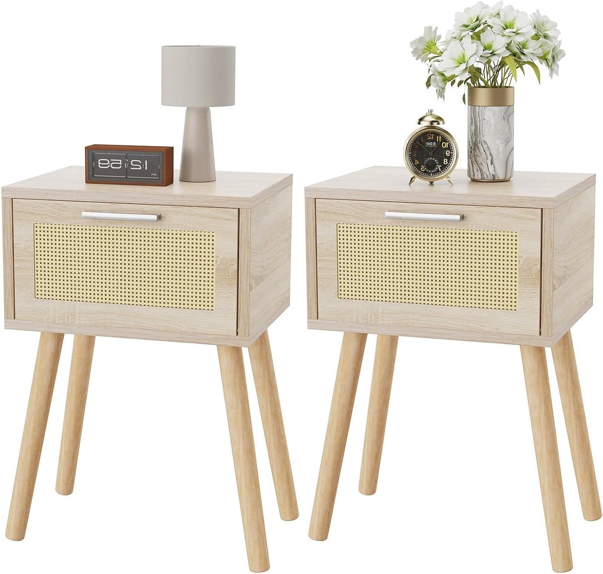 Rotan nachtkastje - Bijzettafel set - Slaapkamer opbergen - Handgemaakt rotan detail - 35x27x53 cm - Natuurlijk