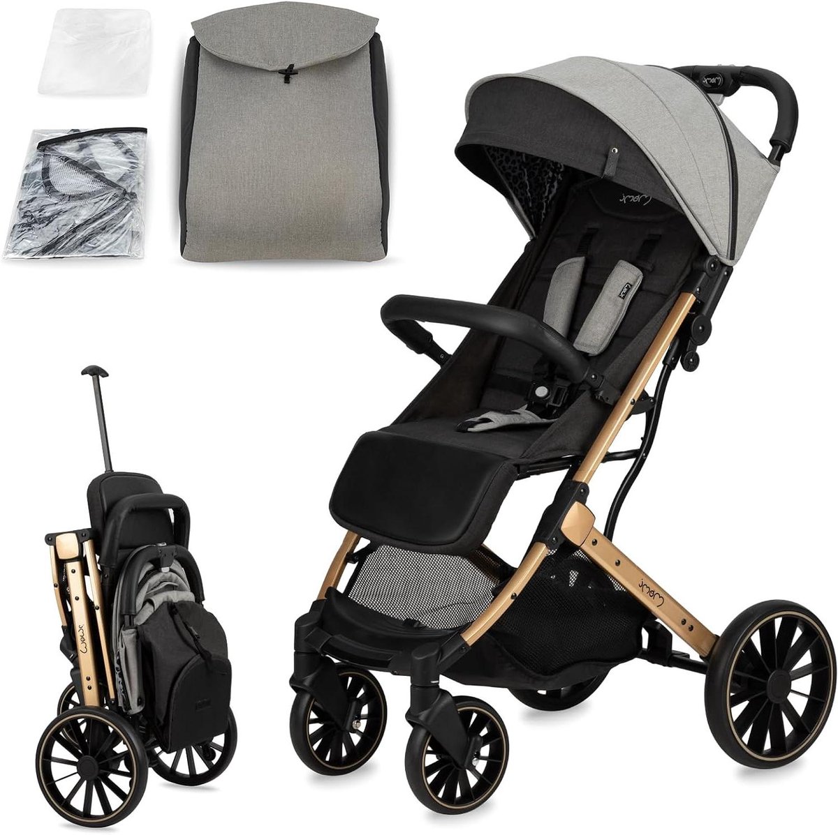 Kinderwagen buggy - Lichtgewicht reismodel - Dagelijks vervoer - Inklapbaar met trekstang - Tot 22 kg - Grijs