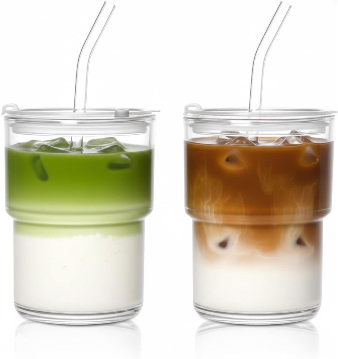 QTTVBTNA – 2 Stuks Glazen Beker 450ml met Deksel en Rietje – Smoothie Beker en Ijskoffie Glas – Drinkbeker voor Water, Koffie, Thee en Onderweg
