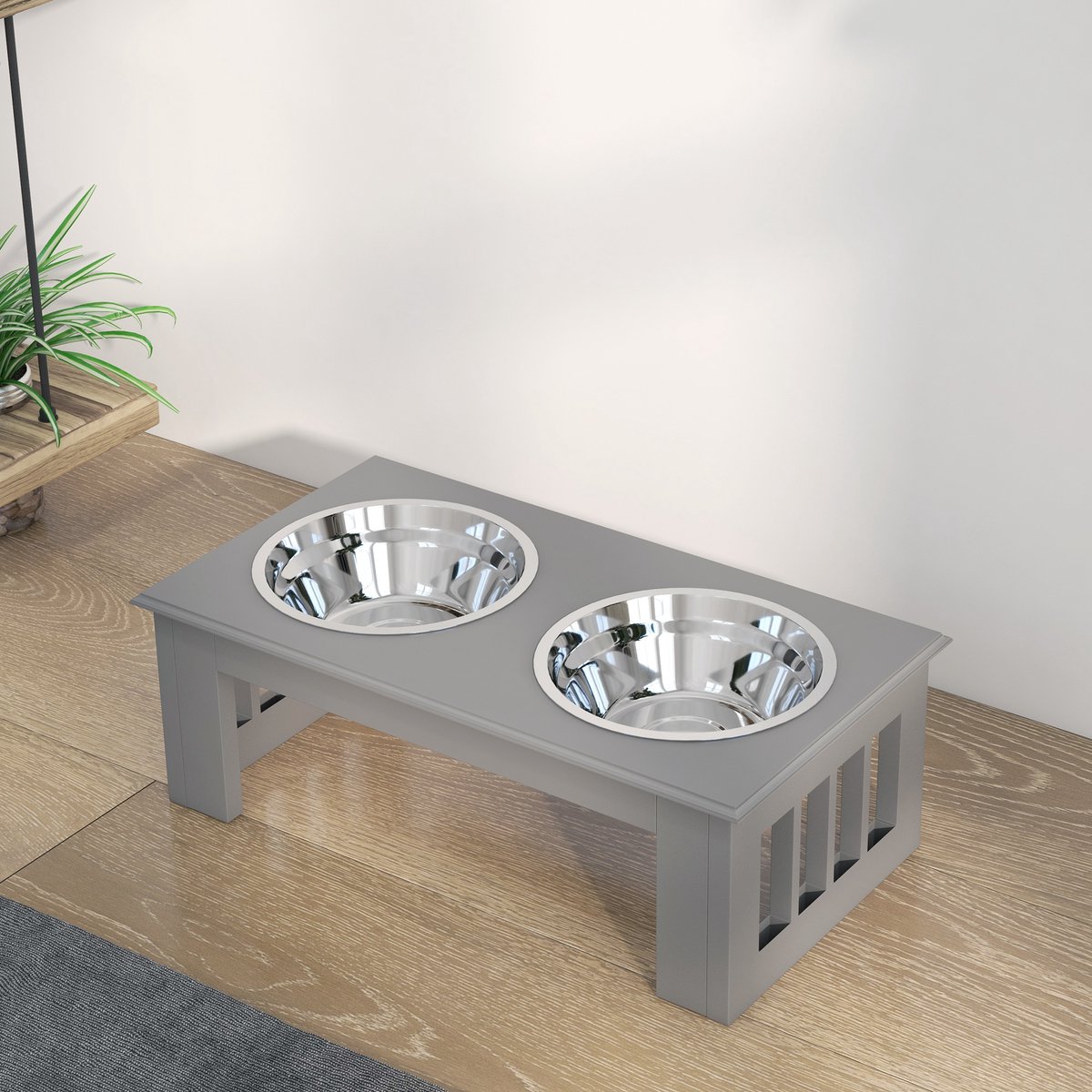 TEKROA® Voerbak - Verhoogde voerbakken voor honden met standaard, roestvrij staal - voor extra kleine en kleine honden - 44L x 24B x 15H cm - Grijs