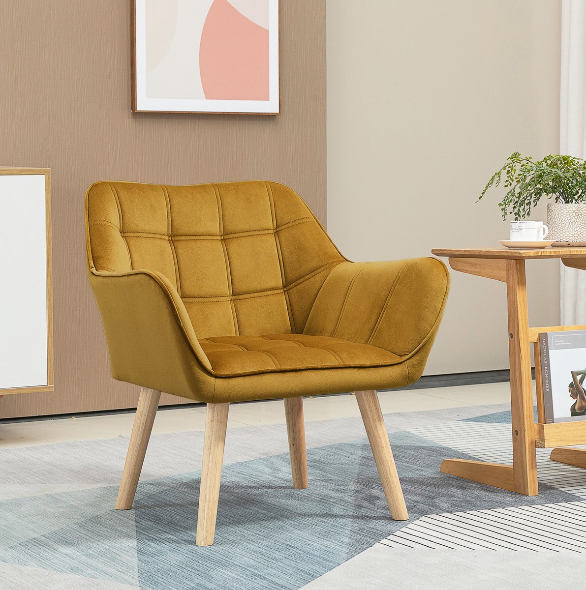 REDOM - Fauteuil - Met armleuningen - Gestikte bekleding - Hoge houten poten - Scandinavisch - Woonkamer of kantoor - Polyester - Geel - 67 x 61,5 x 71 cm