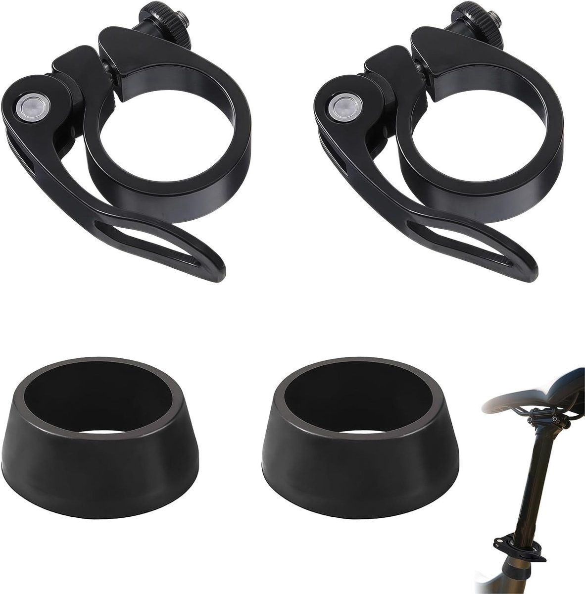 Set van 2 Snelle Ontgrendelings Zadelklemmen 31.8mm met 2 Stofkappen - Lichtgewicht Aluminium Zadelklem voor Fietszadel van 27.2 tot 28.6mm, Geschikt voor MTB, Racefiets en Stadsfiets
