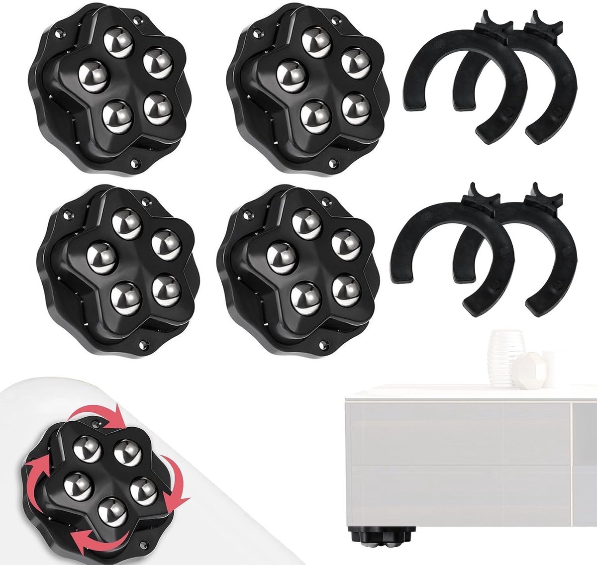 Set van 4 Meubelwielen, 360 Graden Draaibaar, Geschikt voor Zware Lasten tot 240 kg, Mini Wielen voor Opbergboxen en Nachtkastjes, Wit, Caliber 4.8 cm