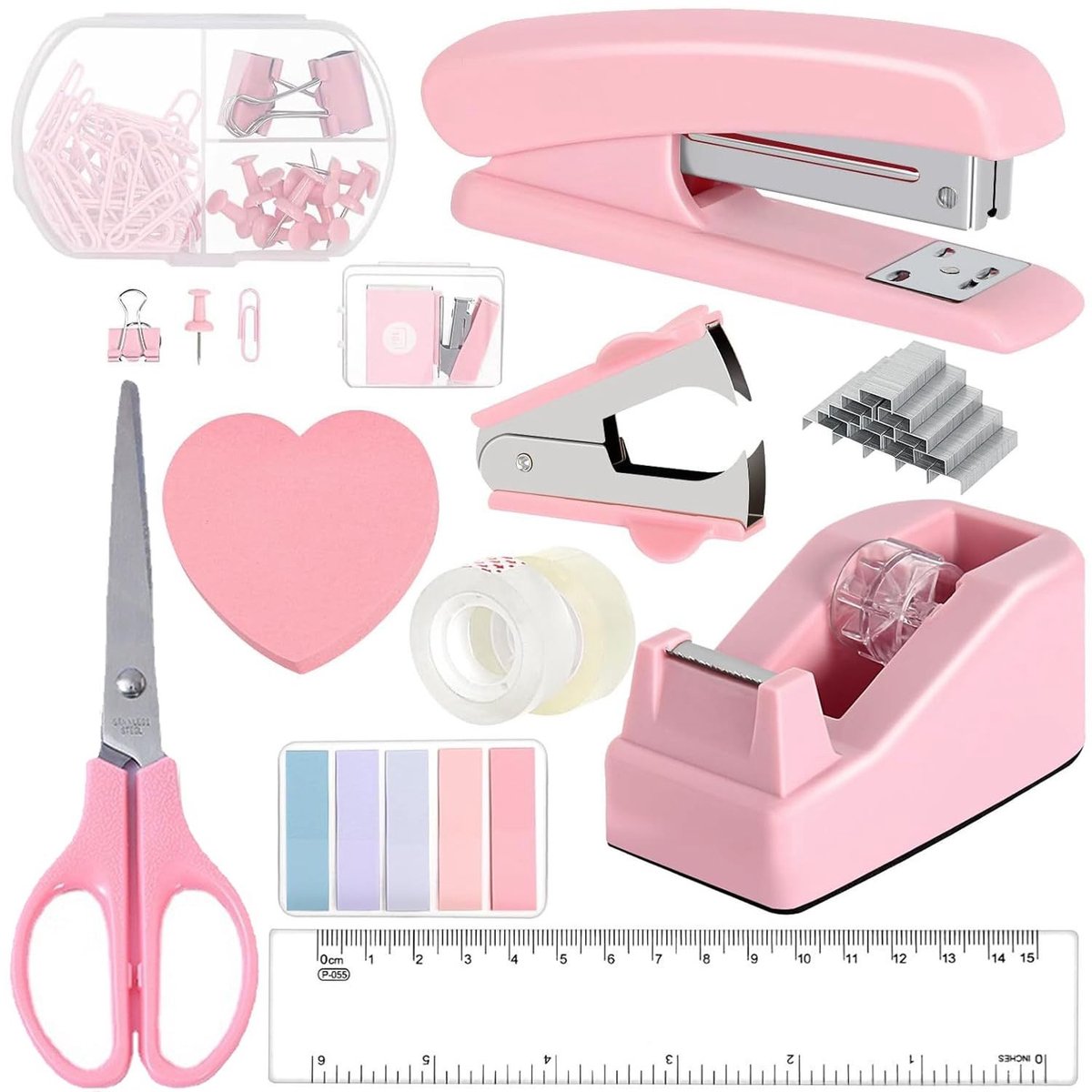 Elzusha - Kantoorbenodigdheden Set - 12-delige roze set met nietmachine en schaar