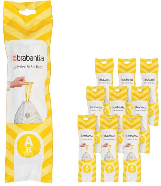Verpakking met 10 rollen Brabantia PerfectFit 3L vuilniszakken, code A. Wit met gele chevronprint. 20 zakken per rol.